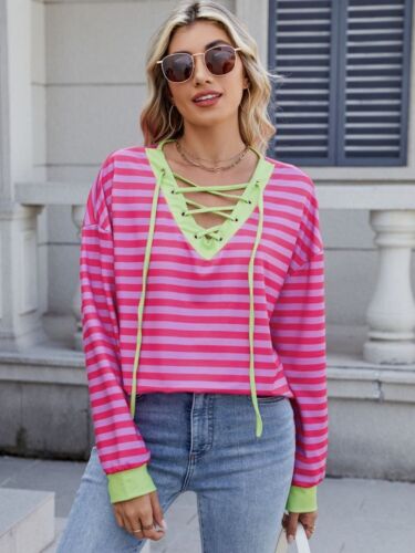Striped T-Shirt Lace-Up Crisscross V Neck Long Sleeve Blouse Top - Picture 25 of 52