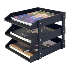 3-Layer Document Paper Letter Tray, Faux Leather Desktop File Sorter Organize...