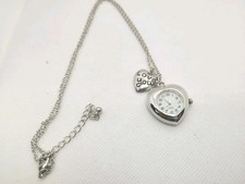 Vintage Watch Silver Tone Chain Necklace Charm Pedant Heart Watch .