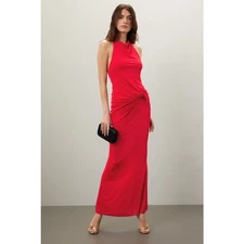 Katie May Dress Womens Small Leyla Red Slinky Gown Halter Knotted Open Back