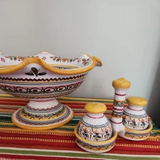 Vtg. Large Hand Painted De La Cal  Spanish Pottery bowl Signed and salt/pepper