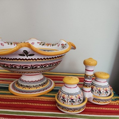 Vtg. Large Hand Painted De La Cal  Spanish Pottery bowl Signed and salt/pepper