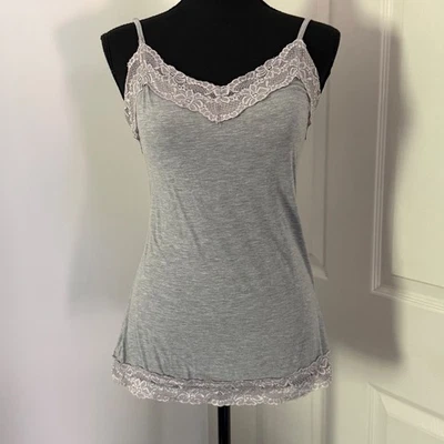 Y2K Tank Top Womens Small Gray Lace Trim Coquette Soft Girl Minimalist Basic - Image 1 of 4
