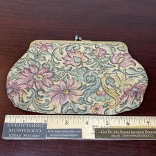 Vtg Pink Floral Tapestry Retro Coin Change Purse Pouch Kiss Lock Close Brass