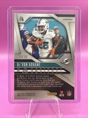 2024 Panini Prizm - Rookies De'Von Achane #176 Blue Sparkle Prizm /96 - Picture 2 of 2