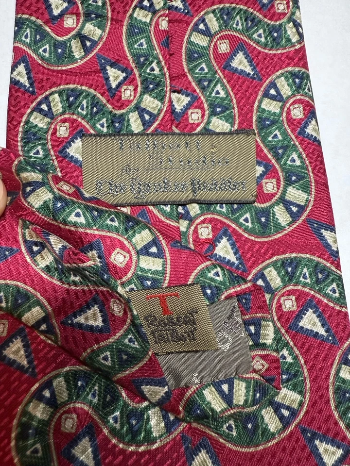 Corbata de seda vintage Robert Talbott Yankee Peddler hecha en EE. UU. roja geométrica jacquard XLong Foto 3 de 4