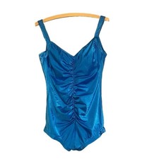 ROBBY LEN Vintage One Piece Aqua Blue Ruched Swimsuit, Size 18