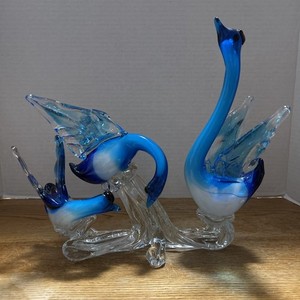 Vintage Hand Blown Murano Style Glass 3 Swan Figurine Blues White & Clear 
