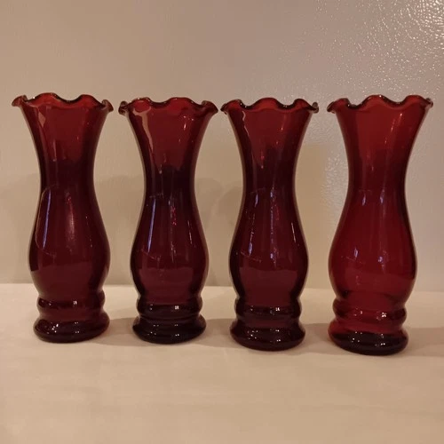 Vintage MCM Anchor Hocking Royal Ruby Red Glass Bud Vases Ruffled Top Set of 4