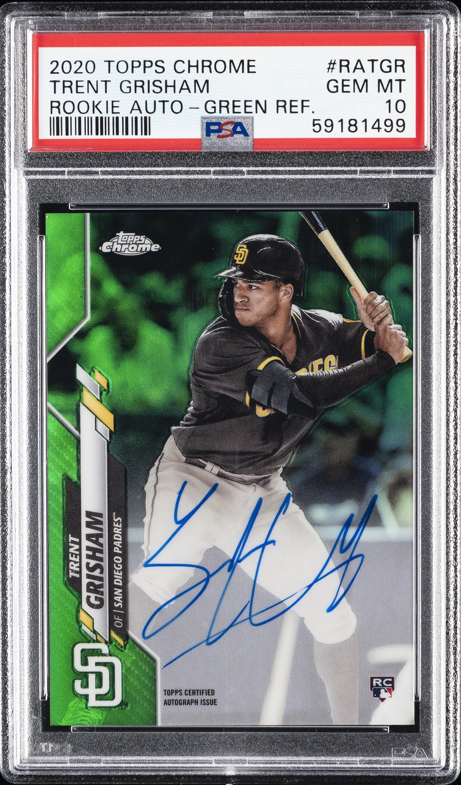 2020 TOPPS CHROME RC AUTOS GREEN REFRACTOR #RATGR TRENT GRISHAM #/99 PSA 10 AUTO