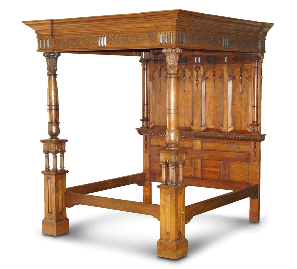 MONUMENTAL 3 METER EMPEROR ANTIQUE CIRCA 1880 CARVED ENGLISH BURR OAK TESTER BED - Image 3 of 4