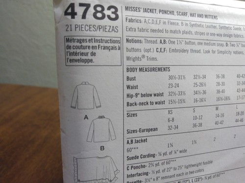 Simplicity Schnittmuster 4783 BB L-XL Jacke Schal Mütze Fäustlinge Poncho ungeschnitten NOS - Bild 10 von 11
