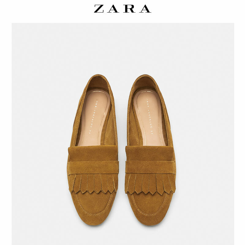 ZARA LEATHER FLAT SHOES LOAFERS WITH FRINGE DETAIL TAN SZ