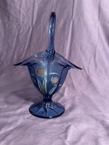 Vintage Fenton Twilight Tulips Blue Basket