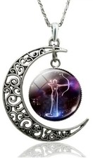 Moon with Zodiac Sagittarius Horoscope Dangle Necklace Silver 17" Chain