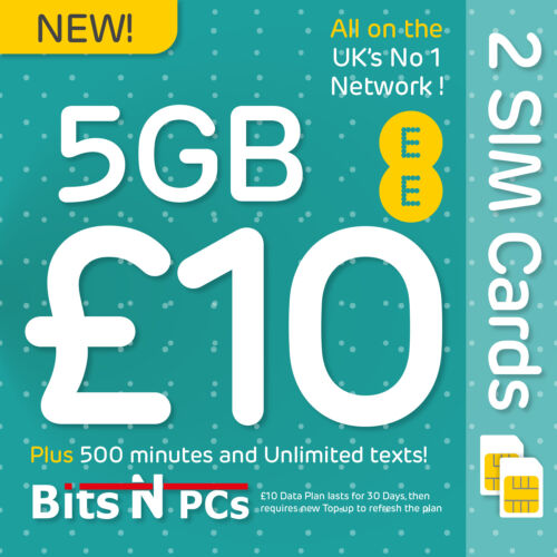 2 X EE PAY AS YOU GO SIM £10 Data Pack - FITS ALL PHONES - DATA ROLLOVER - Afbeelding 1 van 3