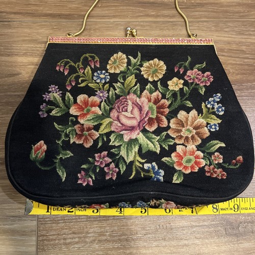 Vintage Tapestry Purse Handbag Black Floral Gold Chain Fabric Kisslock B - Picture 5 of 7