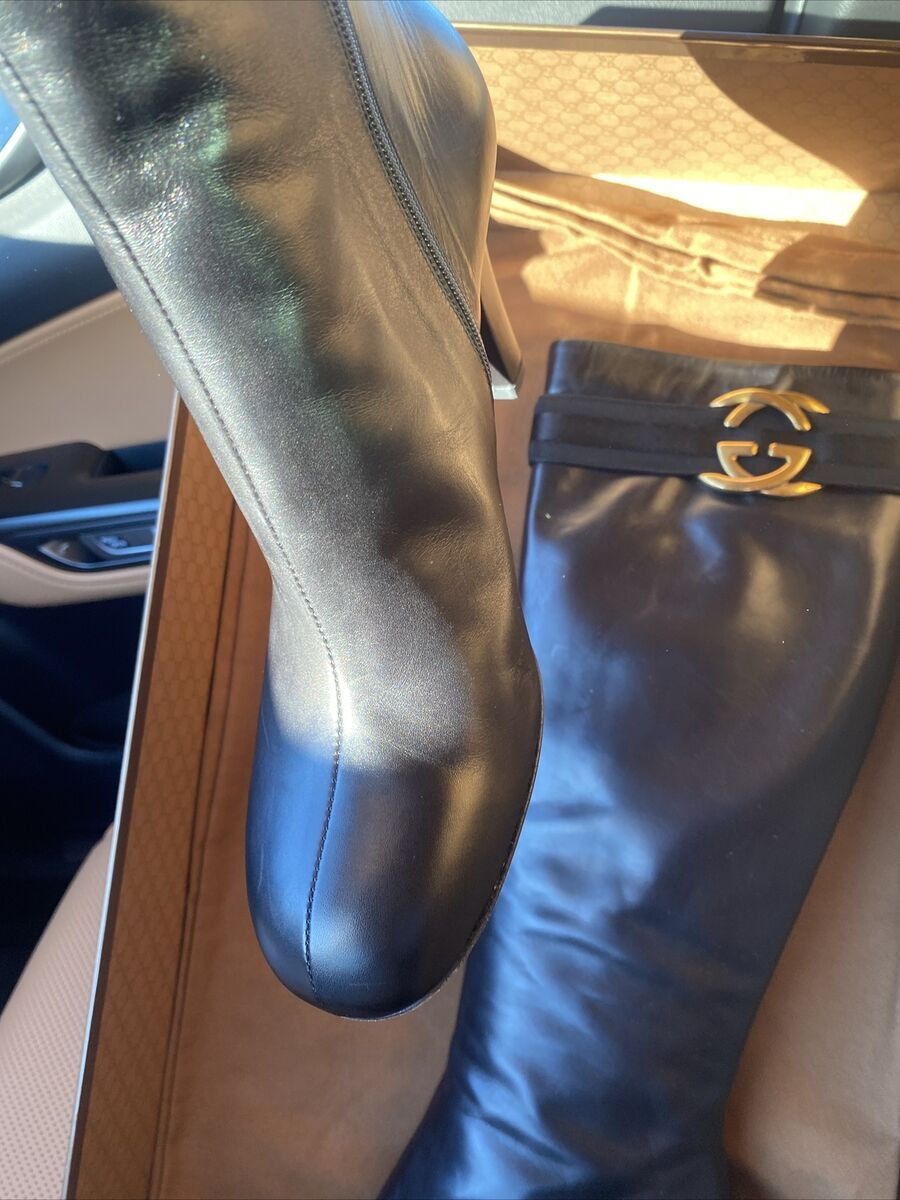 Gucci Boots G Logo Black Leather Knee High Sz 39 8.5 Old Gucci Boots G Logo Black Leather Knee High Sz 39 8.5 Old
