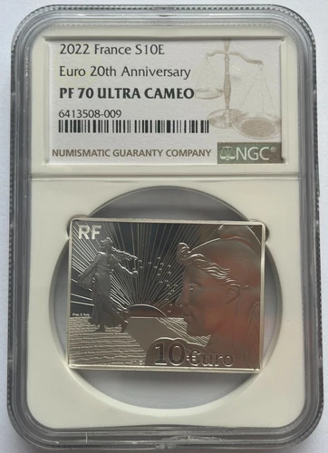 NGC PF70 France 2022 Euro 20th Anniversary Rectangle Silver Coin S10E
