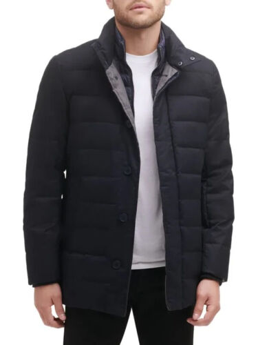 Cole Haan V3604 Mens Navy Stand Collar Quilted Down Inset Bib Coat Size S - Picture 2 of 8