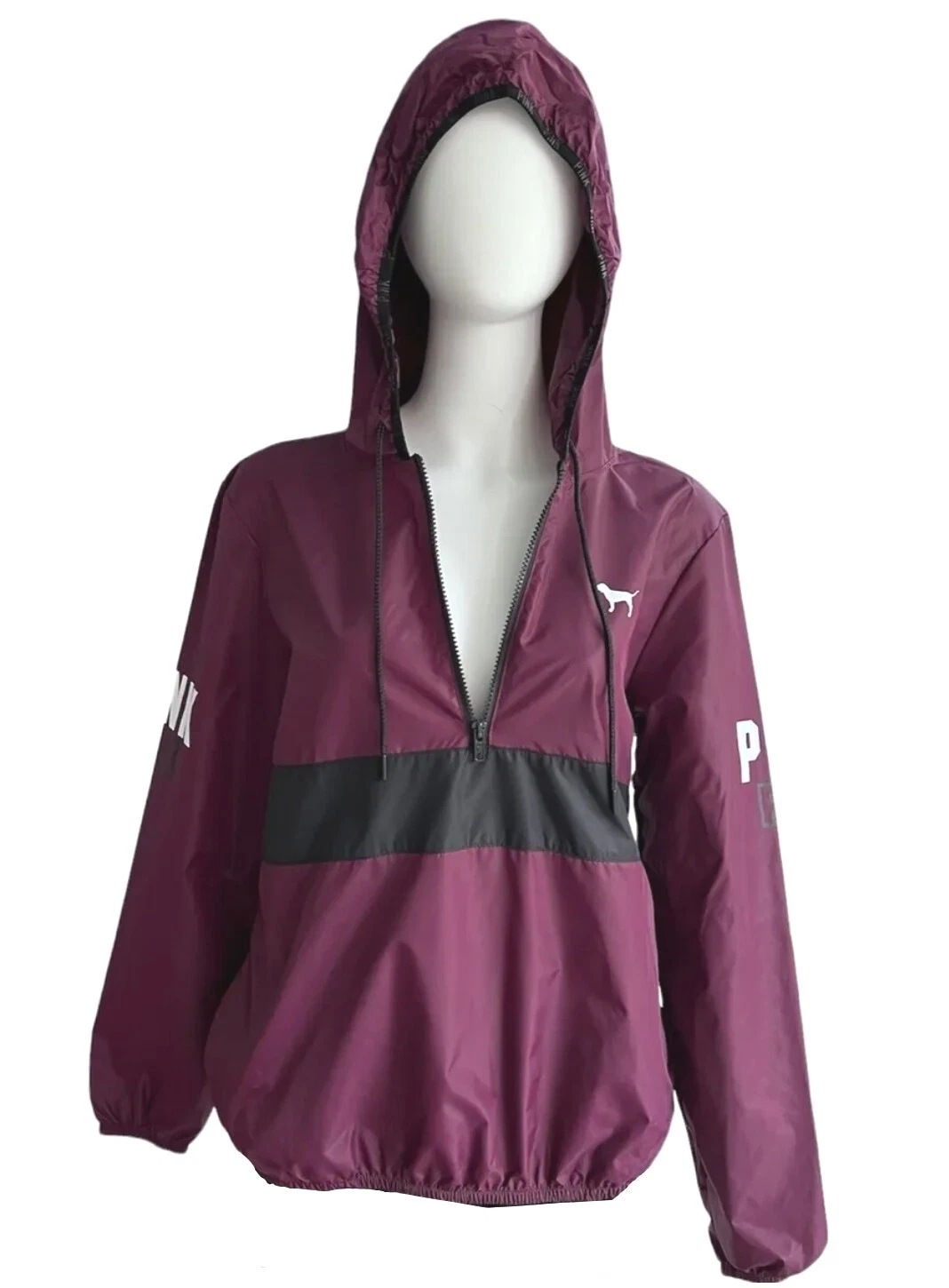 Victoria's Secret PINK Maroon 1/4 Zip Nylon Pullover Hooded Jacket Size M/L