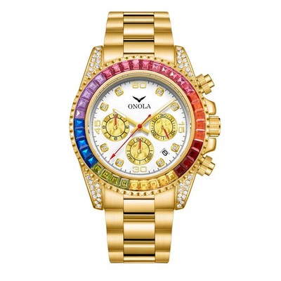 ONOLA Men Quartz Watch Diamond Colorful Stainless Steel Waterproof Bling Hip Hop