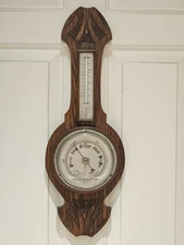 Antique 1920s Oak Victorian Weather Station Wall Barometer & Thermometer ENGLAND