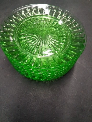 Vintage Green Vaseline Depression Glass Dessert Plates Set Of 6  6-1/8"