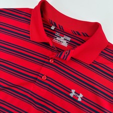 Under Armour HeatGear Mens XL Loose Fit Polo Shirt Red Navy Blue Striped Golf