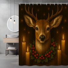 Christmas Shower Curtain with Deer Design and Candles, Holiday Decor