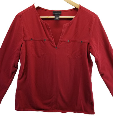 Rafaella Shirt Womens Medium Red Long Sleeve Rivets V Neck Pullover Cotton Top