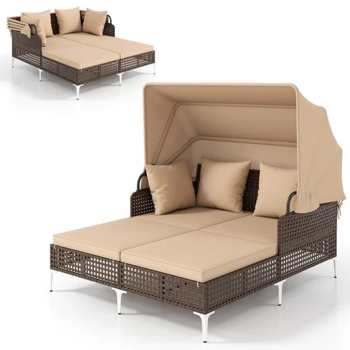 Outdoor Rattan Double Daybed w/ Retractable Canopy & Seat Back Cushions