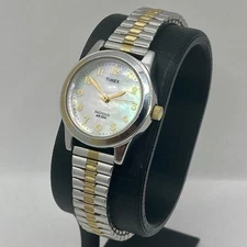 Women’s Timex Indiglo Two Tone Stretch Band Mother Of Pearl Dial Watch WORKING