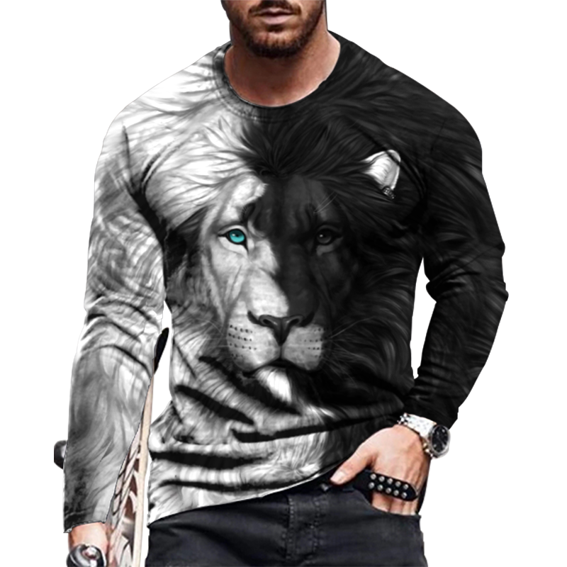 T Shirts Men's Long Sleeve Black White Lion Tee Dress T-Shirt