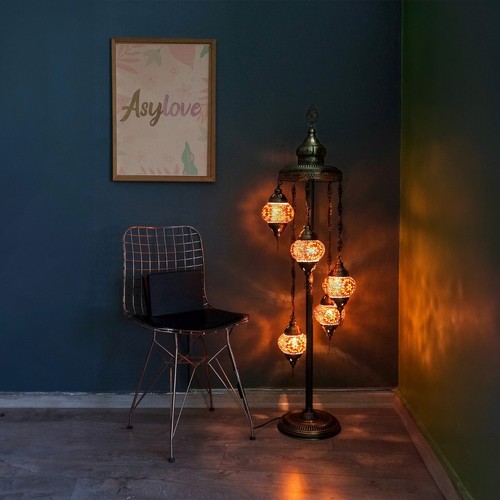Turkish Floor Lamp, Moroccan Lighting, 5 Globe Mosaic Standing Lamp With Asylove - Picture 6 of 60