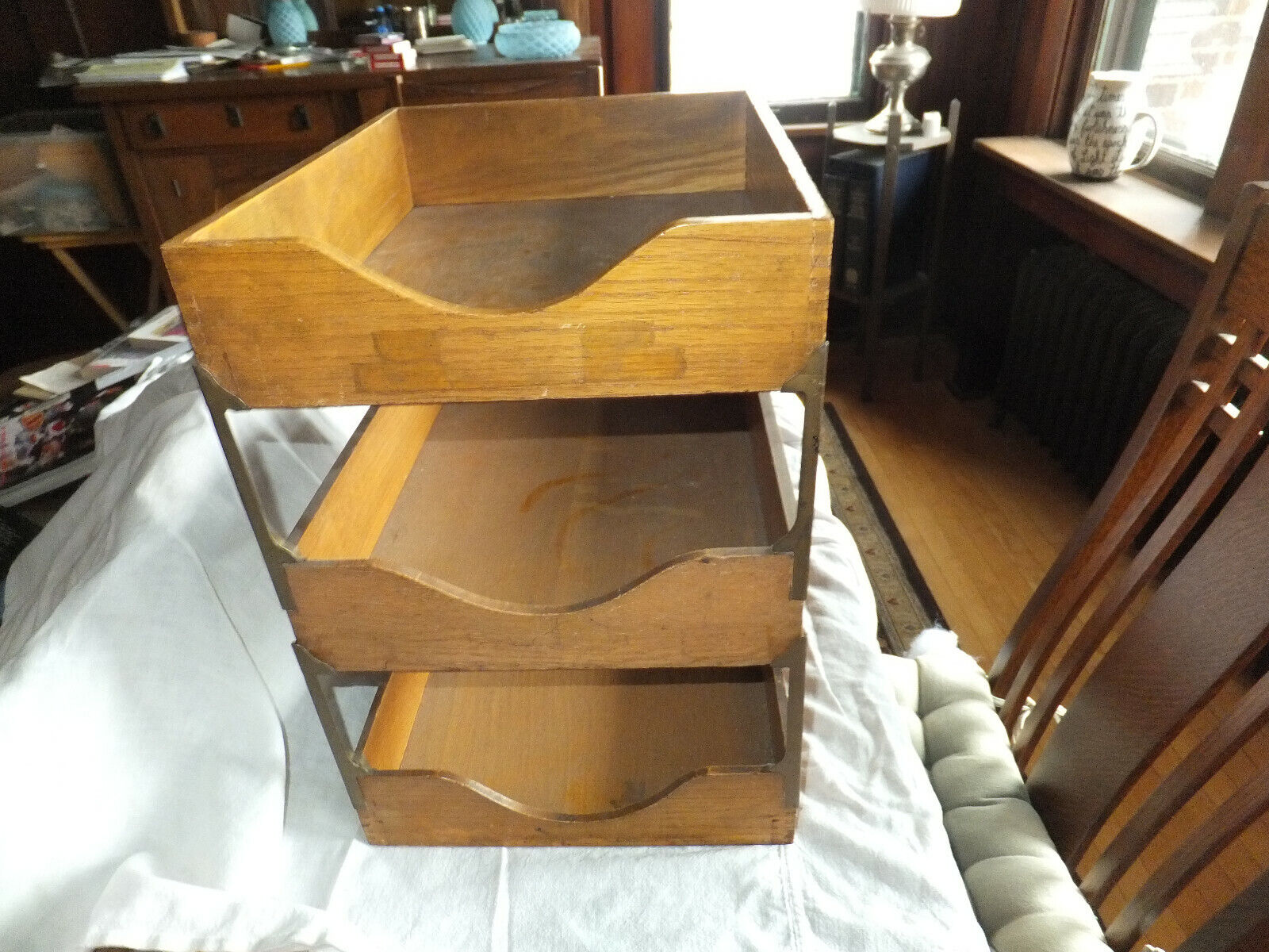 Antique Vintage 3-tier office wood in-out or letter boxes trays
