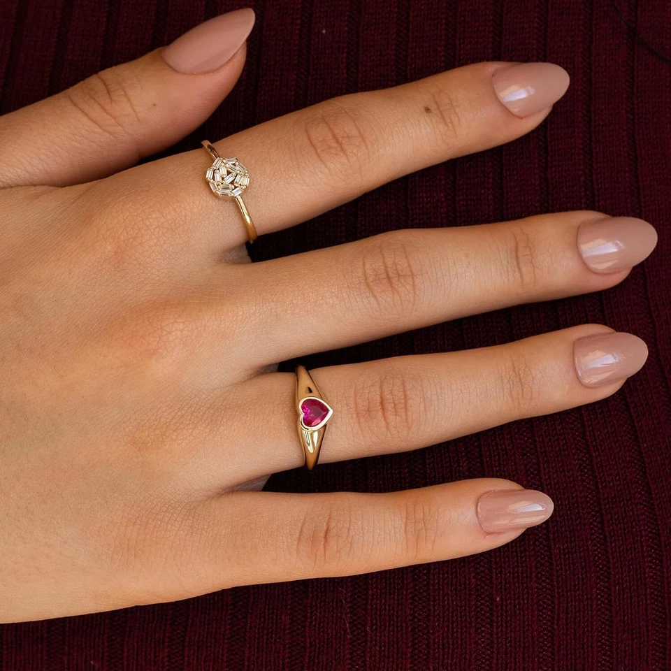 14k Solid Gold Lab-Created Ruby Heart Love Statement Ring Women All Ring Sizes - image 3 of 4