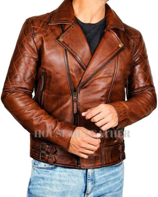 Mens Biker Motorcycle Cafe Racer Distressed Brown Real Leather Jacket