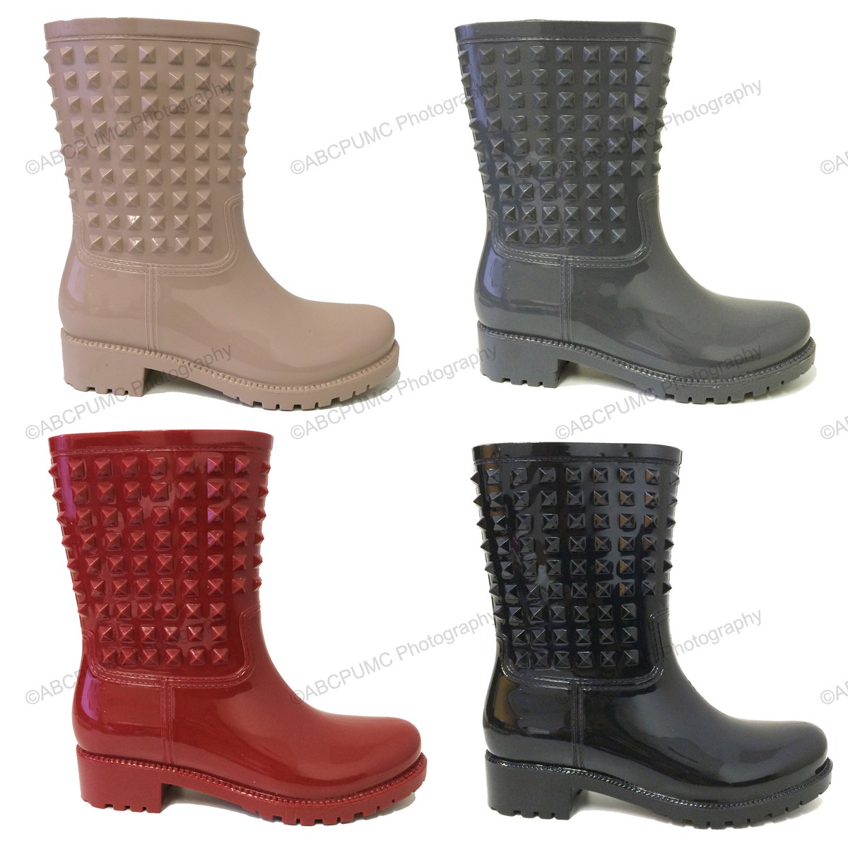 Womens Rain Boots Wellies Rubber Studded Waterproof Short Snow Ankle Shoes  Sizes