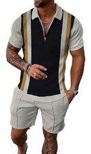 Men's 2 Piece Zip Tracksuit Polo Shirt  Shorts Set Short Sleeve M