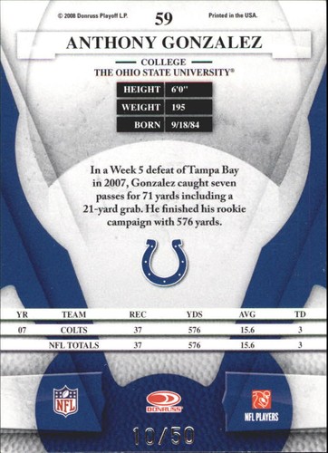 2008 Leaf Certified Materials Mirror Blue #59 Anthony Gonzalez /50 - NM-MT - Picture 2 of 2