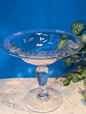 Antique Etched Glass Compote Bowl Floral Ring 6" Tall & 7" Wide Center Piece