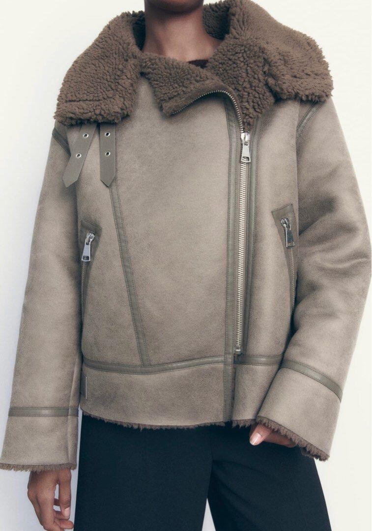 ZARA NEW WOMEN FAUX LEATHER SHEARLING DOUBLE-FACED BIKER JACKET