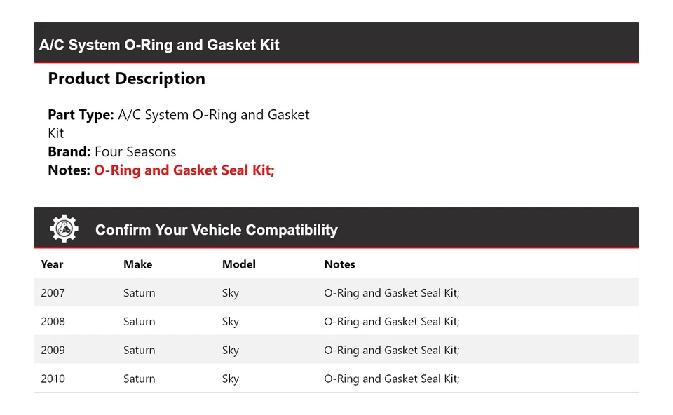 For 2007-2010 Saturn Sky A/C System O-Ring and Gasket Kit 4 Seasons 2008 2009 - Image 2 of 4