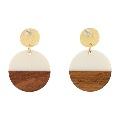 White Wooden Geometric Earrings - Round Circle Acrylic Resin Lightweight Wood - Picture 3 of 4