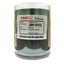 100 CMC Pro Taiyo Yuden White Inkjet 52X CDR Clear Hub Blank Disc T-CDR-WPY-SB