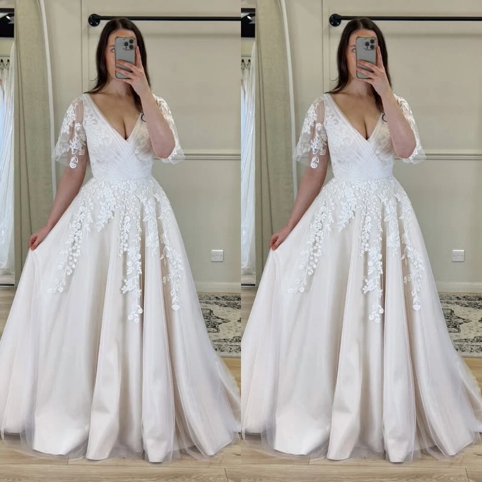 Wedding Dresses Short Sleeves V Neck Lace Aplliques A Line Beach Bridal Gowns - Image 2 of 4