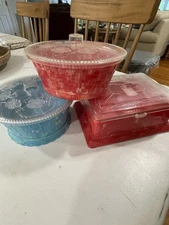 Lot Of 3 Marbled Plastic Sewing Jewelry Box Flowers Vintage Red Blue