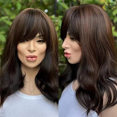 Natural Brunette Brown Balayage Wig with Bangs Lace Front Wigs 100% Human Hair