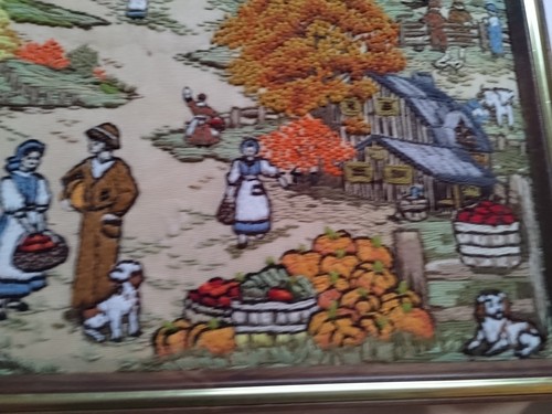 18" x 13" punto ago vintage ricamo scena country persone zucche cani vintage - Foto 8 di 9